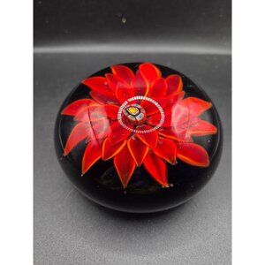 Red Chrysanthemum Flower Art Glass Paperweight With Millefiori Centerpiece